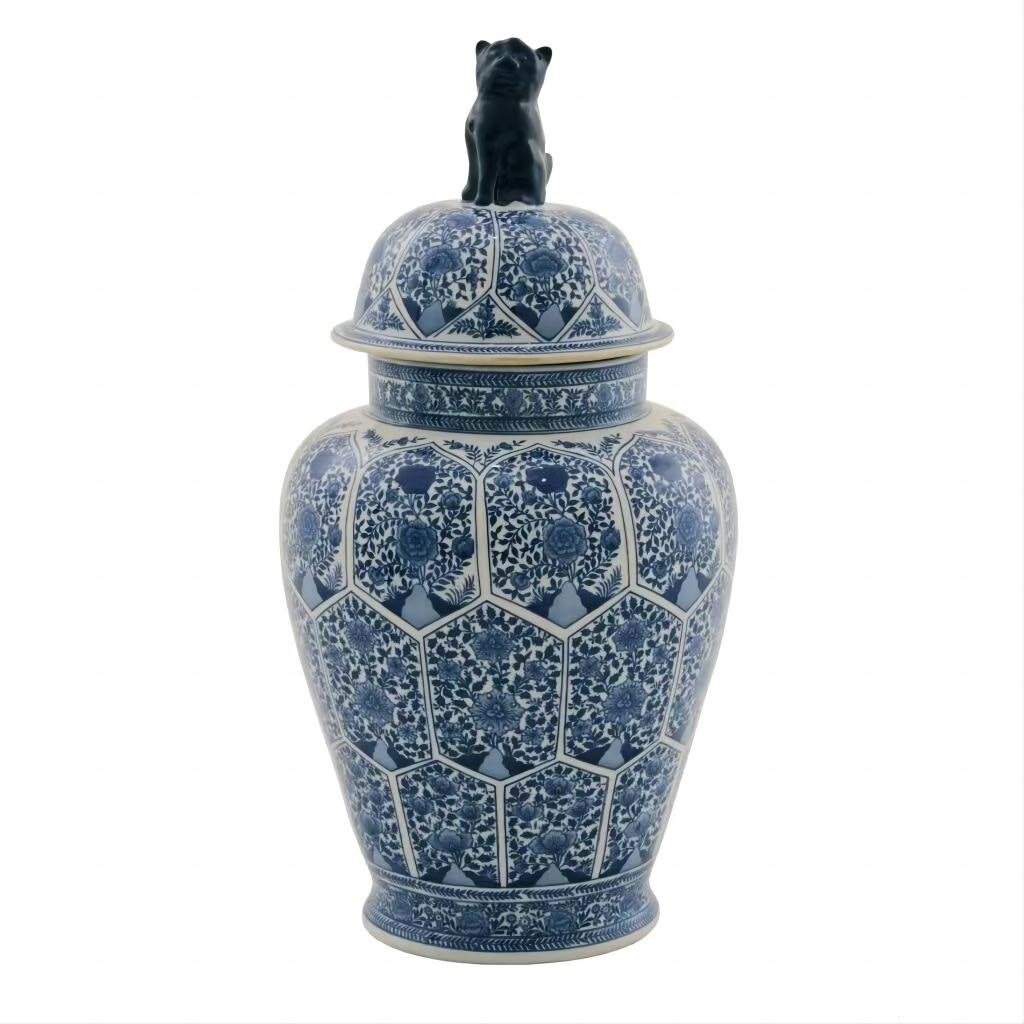 Gros pot à gingembre chinois vintage années 60-70 porcelaine blanche et ble