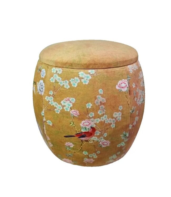 Pouf Contenitore Imbottito Marrone Uccelli Fatto a Mano D46xA46cm
