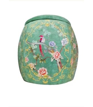 Fine Asianliving Polsterhocker mit Stauraum Grün Vögel Handgefertigt D46xH46cm