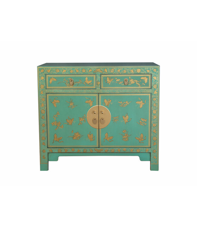 Chinesischer Schrank Dusty Turquoise Schmetterlinge Handbemalt - Orientique Kollektion B90xT40xH80cm