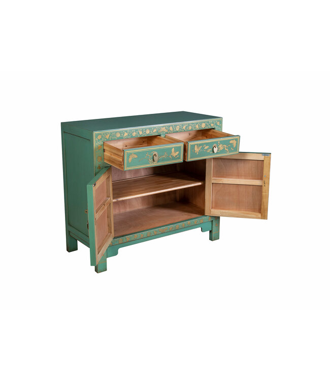Armoire Chinoise Dusty Turquoise Papillons Peint à la Main - Orientique Collection L90xP40xH80cm