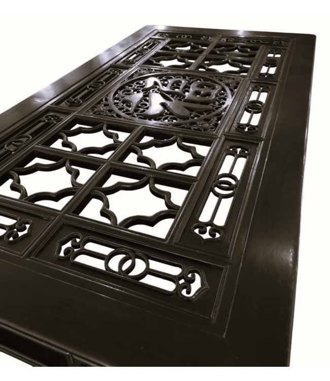 Chinese Dining Table Hand Carved with Glass Top W160xD85xH80cm