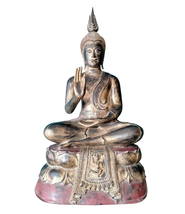 Sukhothai Buda Sentado Negro Rojo Oro Hecho a Mano a Partir de un Tronco de Árbol Sólido An75xP40xAl92cm