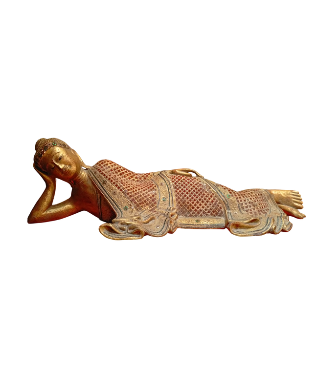 Mandalay Liggende Boeddha Zwart Rood Goud Handgemaakt Boomstam B162xD50xH50cm