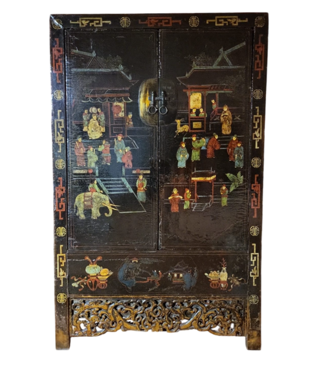 Antieke Chinese Bruidskast 125jaar Handgeschilderd B117xD46xH187cm