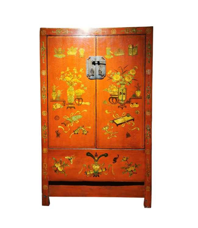 Armoire de Marriage Chinoise Antique Peinte à la Main Rouge 20ème Siècle L114xP51xH183cm