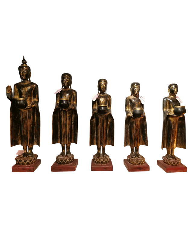 Bouddha Debout avec Moine Debout 107-75cm Ensemble/5 Fait à la Main à Partir d'un Tronc d'Arbre Solide