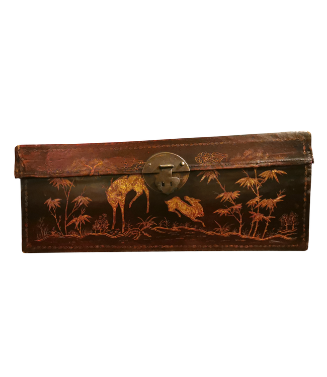 Antique Chinese Chest Leather Handpainted Gold Animals W76xD48xH32cm