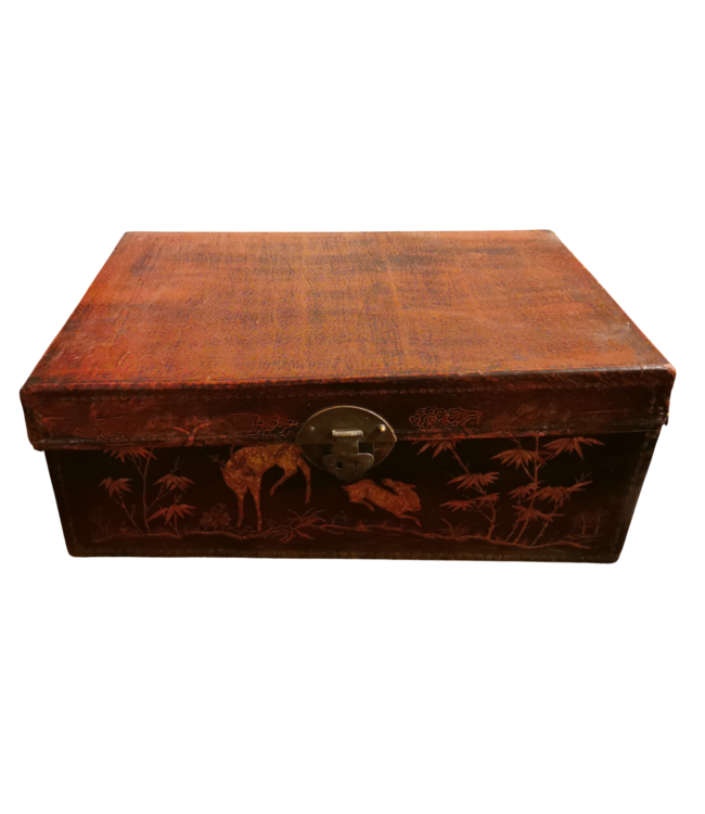 Antique Chinese Chest Leather Handpainted Gold Animals W76xD48xH32cm