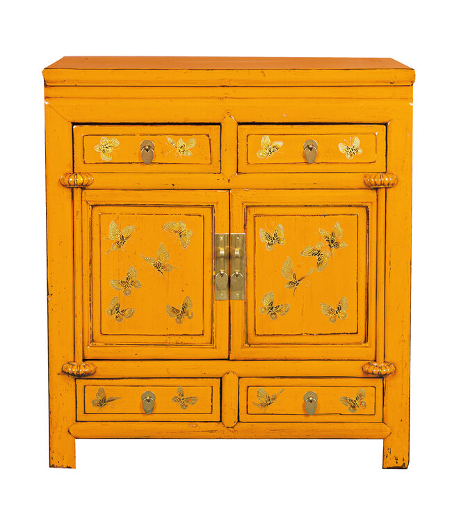 Antiker Chinesischer Schrank Marigold Gelbe Schmetterlinge Handbemalt B80xT40xH80cm