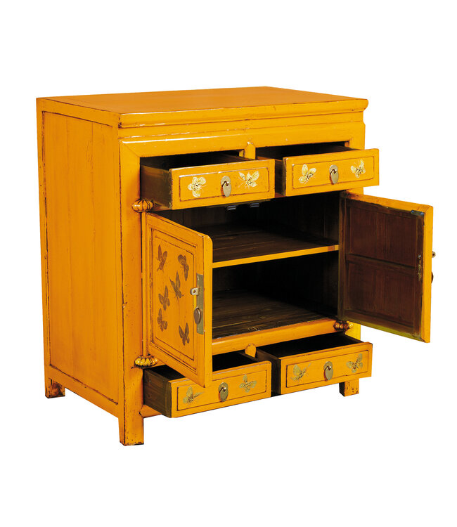 Armadio Cinese Antico Giallo Marigold Farfalle Dipinti a Mano L80xP40xA80cm