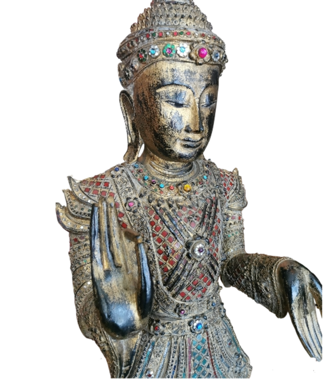 Shan Royal Bouddha Thaï Debout Or Complet L55xP33xH193cm