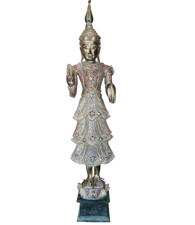 Shan Royal Staande Thaise Boeddha Boomstam Goud B55xD33xH193cm