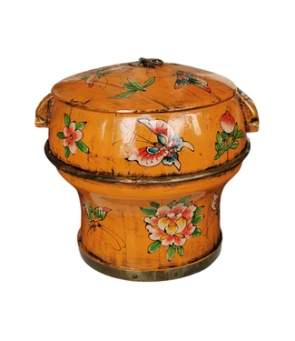 Fine Asianliving Antique Chinese Wooden Rice Container with Lid Orange Handpainted D25xH25cm