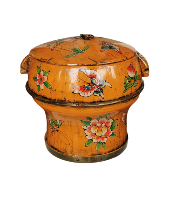 Antique Chinese Wooden Rice Container with Lid Orange Handpainted D25xH25cm