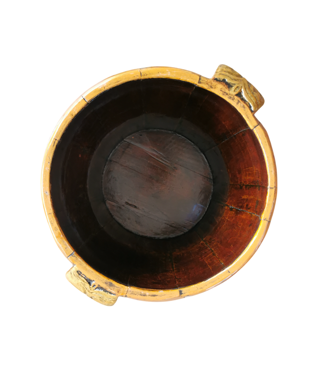 Antiek Chinese Houten Rijst Pot met Deksel Oranje Handbeschilderd D25xH25cm