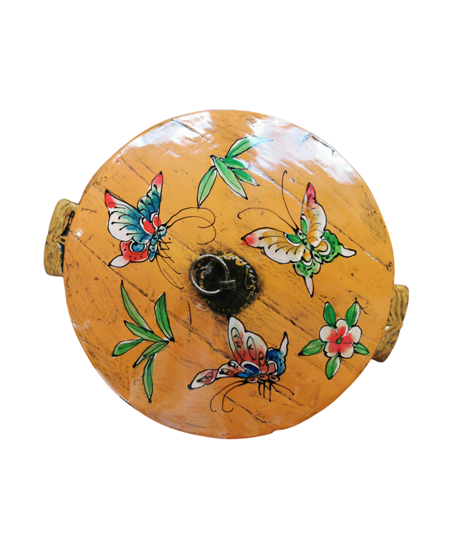 Antiek Chinese Houten Rijst Pot met Deksel Oranje Handbeschilderd D25xH25cm