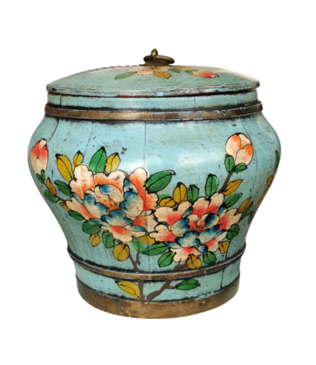 Antique Chinese Wooden Handpainted Rice Container with Lid Blue ...