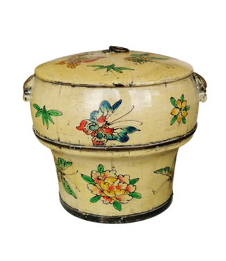 Fine Asianliving Antique Chinese Wooden Rice Container with Lid Light Yellow Handpainted D25xH25cm