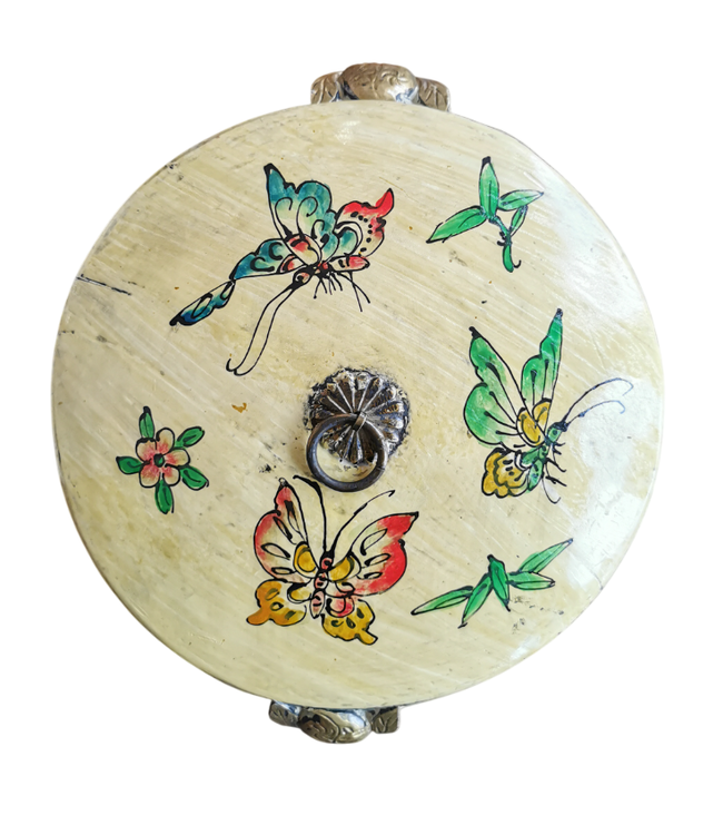 Antiek Chinese Houten Rijst Pot met Deksel Licht Geel Handbeschilderd D25xH25cm