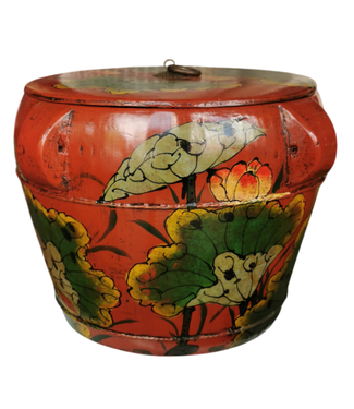 Fine Asianliving Antique Chinese Wooden Handpainted Rice Container with Lid Red D30xH25cm