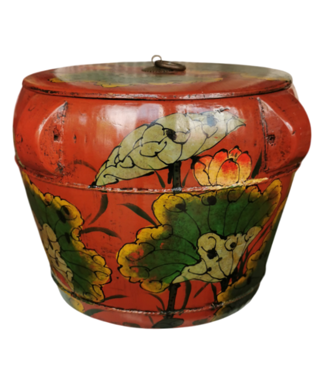 Antique Chinese Wooden Handpainted Rice Container with Lid Red D30xH25cm