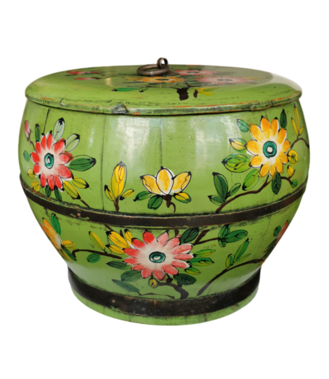 Antique Chinese Wooden Handpainted Rice Container with Lid Green D30xH25cm