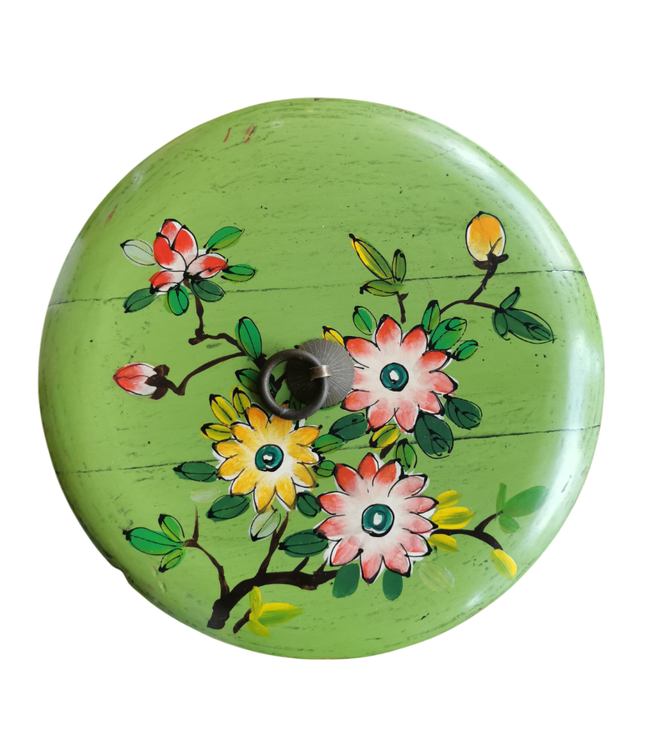 Antique Chinese Wooden Handpainted Rice Container with Lid Green D30xH25cm