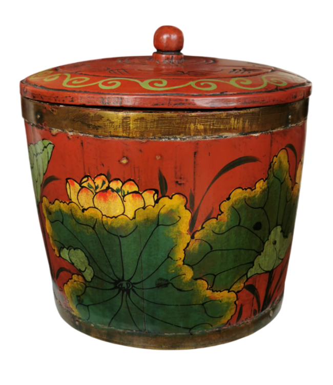 Antique Chinese Wooden Handpainted Rice Container with Lid Red D25xH25cm