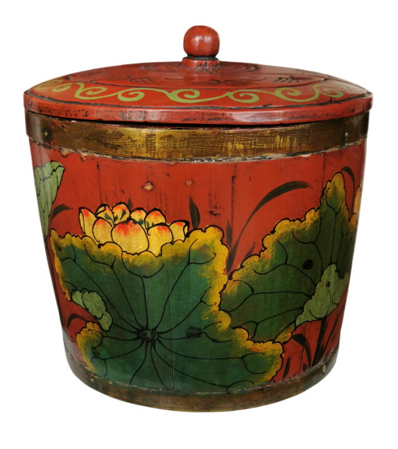 Antique Chinese Wooden Handpainted Rice Container with Lid Red ...