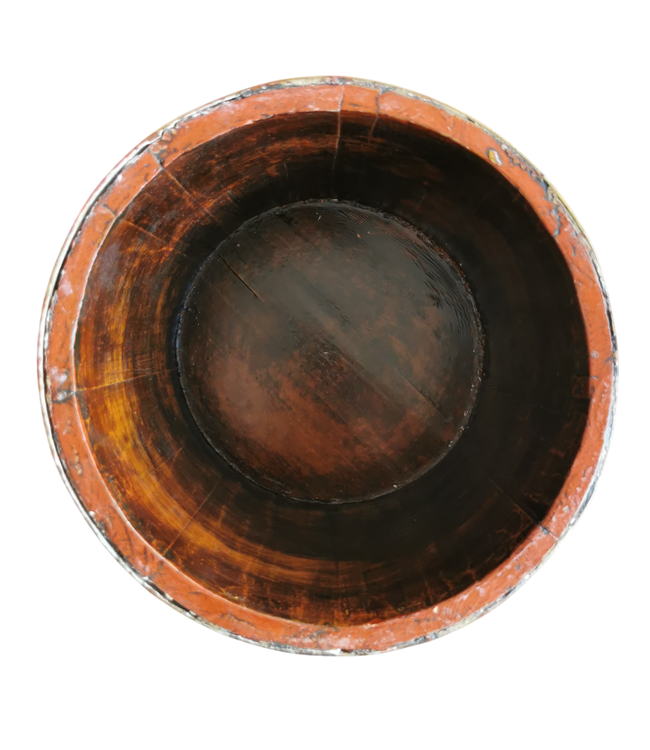 Antique Chinese Wooden Handpainted Rice Container with Lid Red D25xH25cm