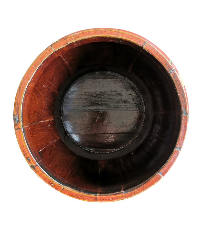 Antique Chinese Wooden Handpainted Rice Container with Lid Red D25xH25cm