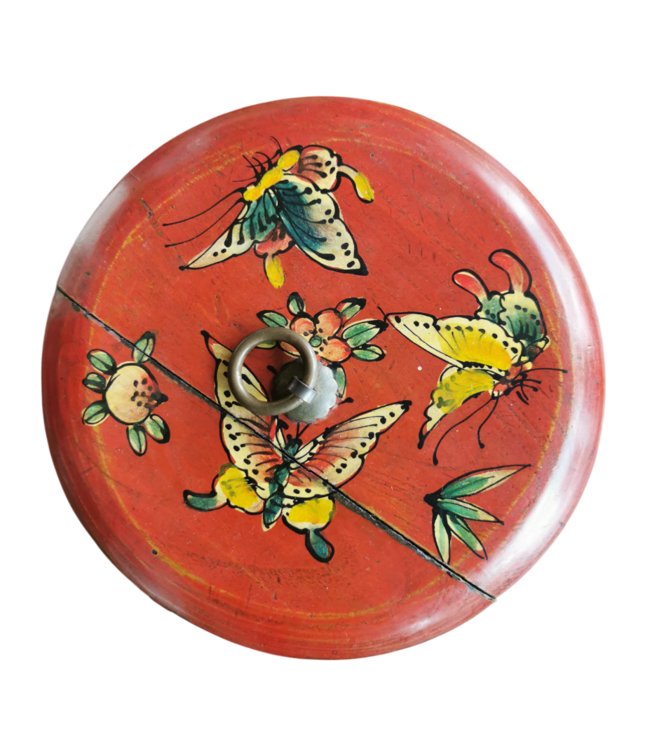 Antique Chinese Wooden Handpainted Rice Container with Lid Red D25xH25cm