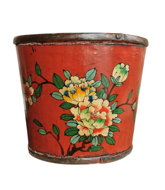 Fine Asianliving Antique Chinese Wooden Handpainted Basket Red D28xH25cm
