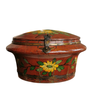 Fine Asianliving Antique Chinese Wooden Handpainted Rice Container with Lid Red D35xH20cm