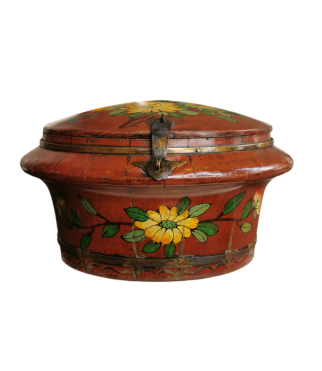 Antique Chinese Wooden Handpainted Rice Container with Lid Red D35xH20cm