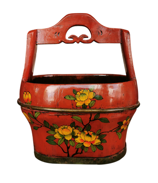 Fine Asianliving Antique Chinese Wooden Handpainted Basket Red W40xD26xH55cm