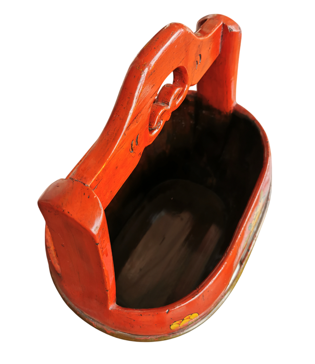 Antique Chinese Wooden Handpainted Basket Red W40xD26xH55cm