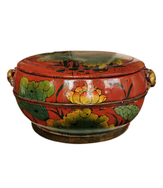 Fine Asianliving Antique Chinese Wooden Handpainted Rice Container with Lid Red D40xH20cm