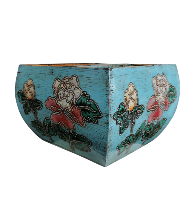 Antique Chinese Wooden Handpainted Basket Blue W35xD35xH25cm