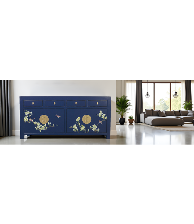 Buffet Chinois Bleu Nuit Peinte à la Main L180xP40xH85cm