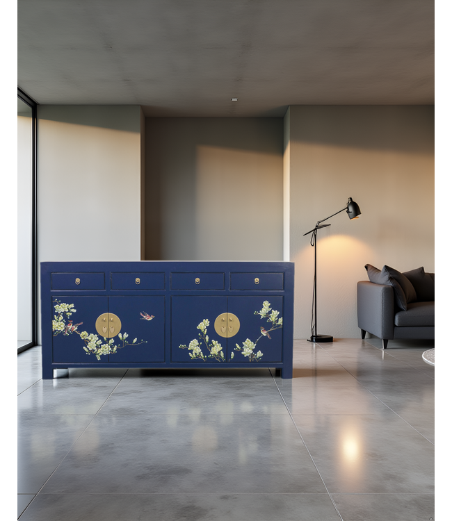 Chinese Dressoir Midnight Blauw Handbeschilderd B180xD40xH85cm
