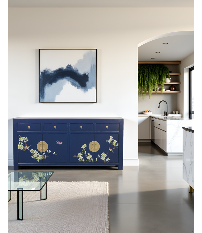 Buffet Chinois Bleu Nuit Peinte à la Main L180xP40xH85cm