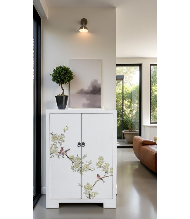 Chinese Kast Wit Bloesems Handbeschilderd B80xD35xH99cm