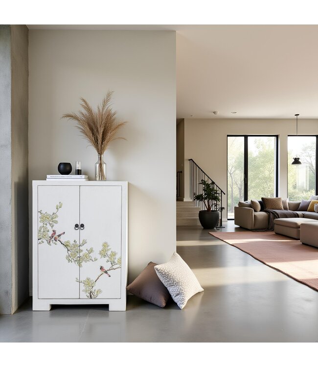 Chinesischer Schrank Weiß Blüten Handbemalt B80xT35xH99cm