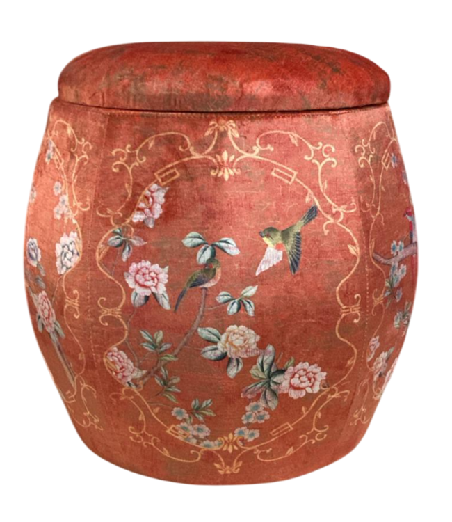 Pouf Contenitore in Velluto di Lusso Rotondo con Coperchio Rosso Uccelli D43xA43cm