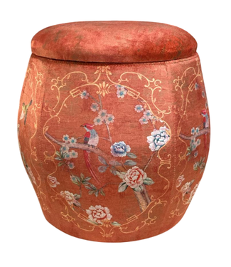 Fine Asianliving Velours Poef met Opbergruimte Rond Rood Vogels Handgemaakt D43xH43cm