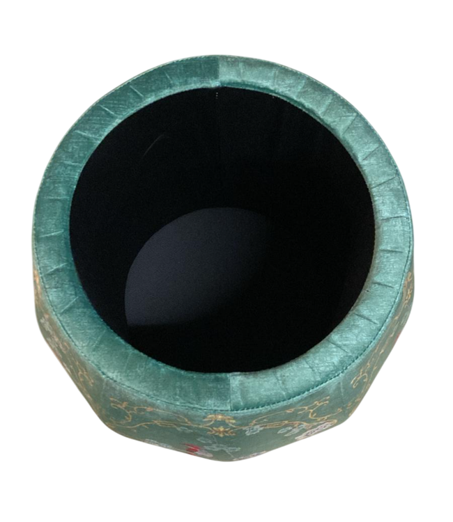 Velours Poef met Opbergruimte Rond Groen Vogels Handgemaakt D43xH43cm