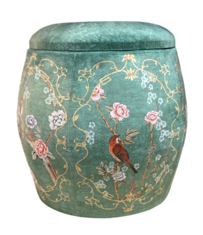 Pouf Contenitore in Velluto di Lusso Rotondo con Coperchio Verde Uccelli D43xA43cm