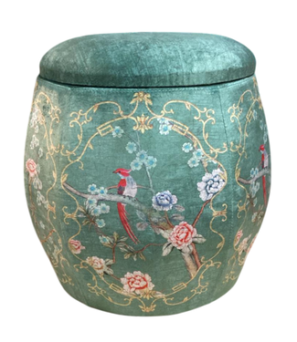 Fine Asianliving Velours Poef met Opbergruimte Rond Groen Vogels Handgemaakt D43xH43cm